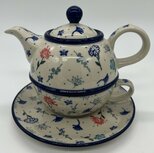 Theepot met kop &amp; schotel rode bloem